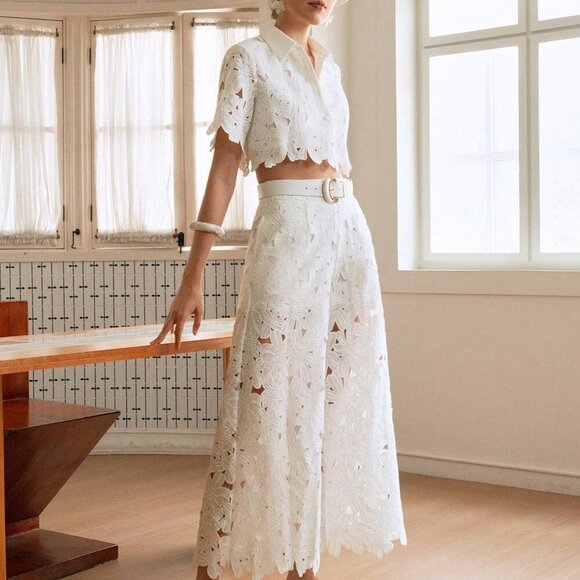 White Preppy Women's Woven Embroidered Short Sleeve Crop Top Pants Set - Picture 4 of 8